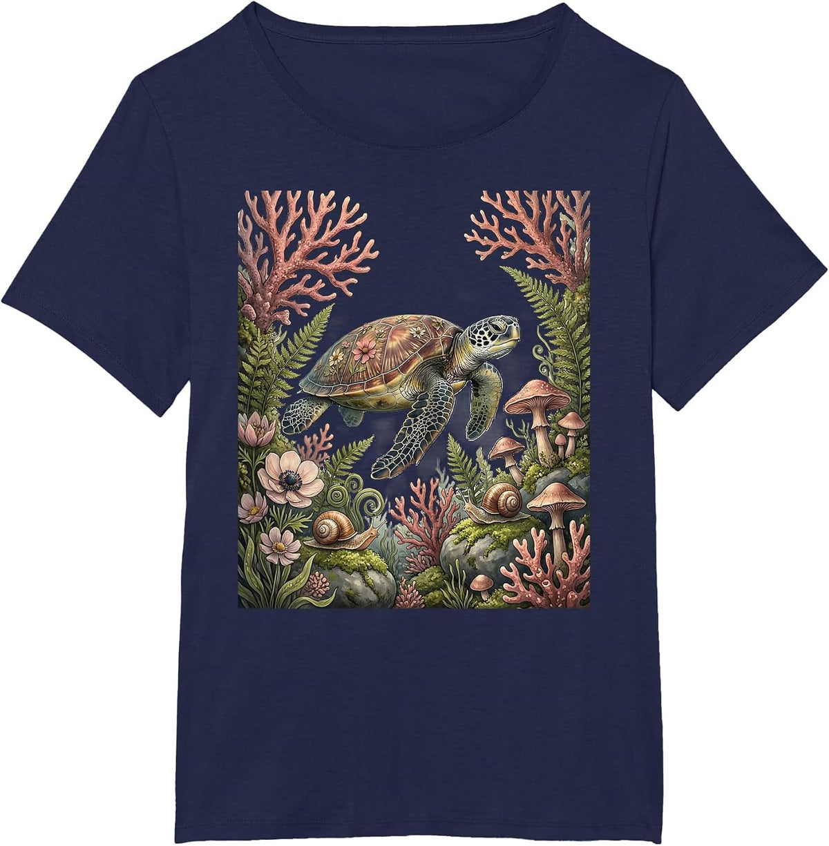 Women's Sea Turtle Pink Coral Reef Breast Cancer Awareness T-Shirt - Navy Blue
