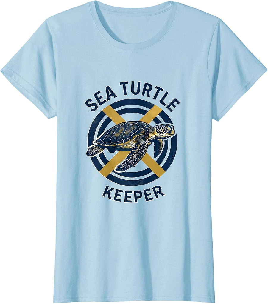 Women's Sea Turtle Keeper Badge Patch Line Art Icon Outline Gift T-Shirt - Baby Blue