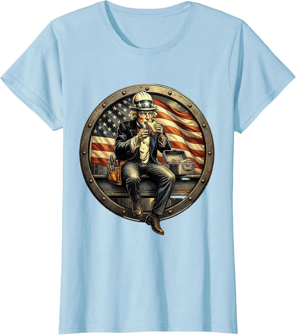 American Flag Construction Worker Steel Beam Tee T-Shirt - Baby Blue