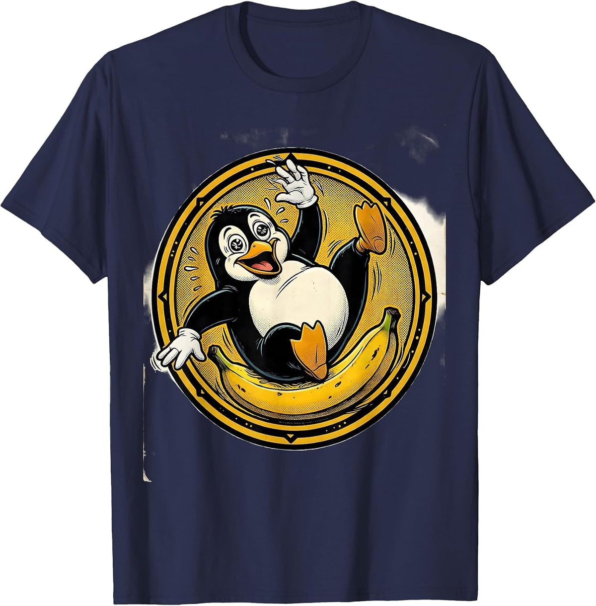 Men's Funny Penguin Slipping on Banana Peel T-Shirt - Navy Blue