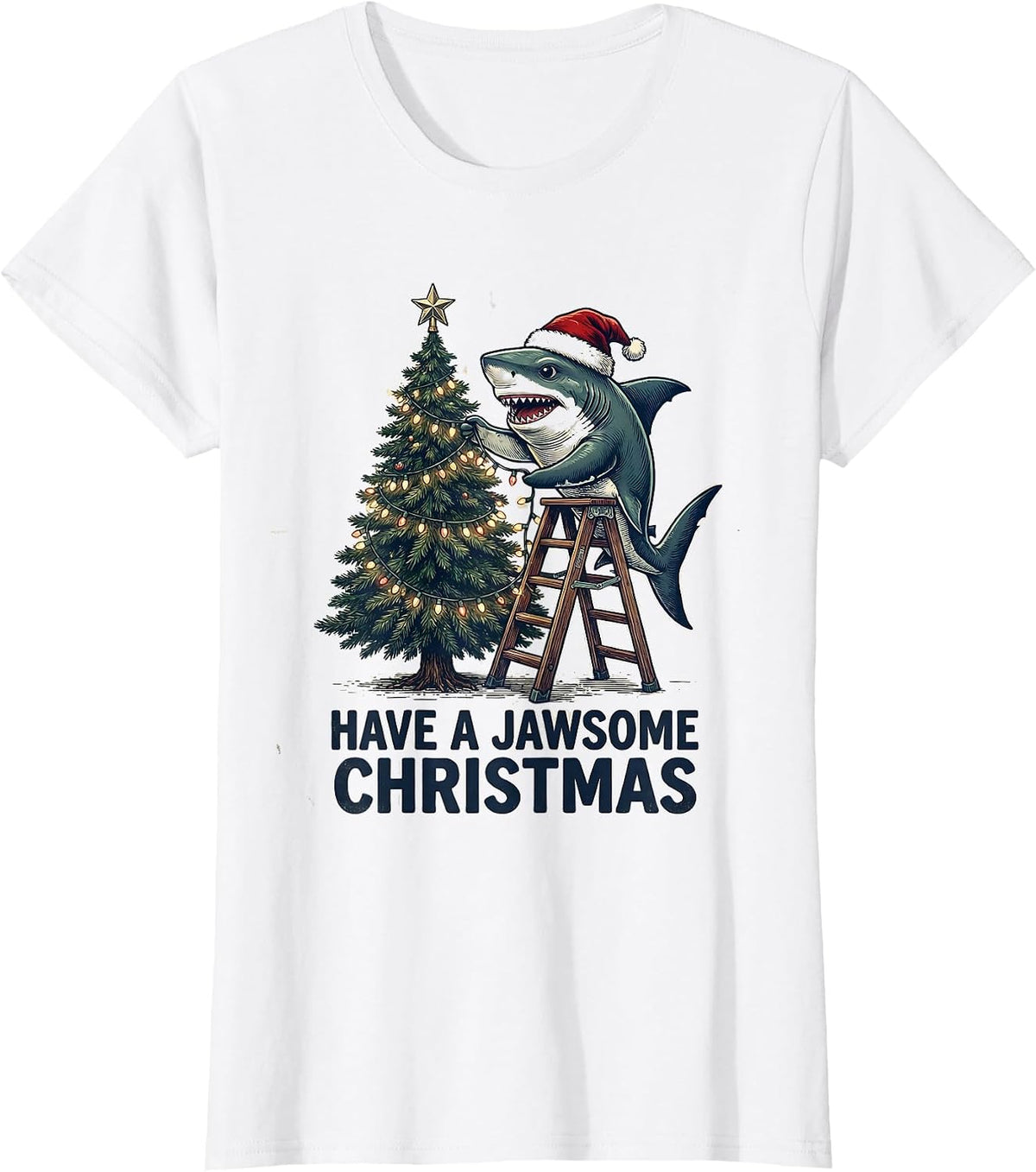 Have A Jawsome Christmas Vintage Funny Shark Santa Hat T-Shirt - White