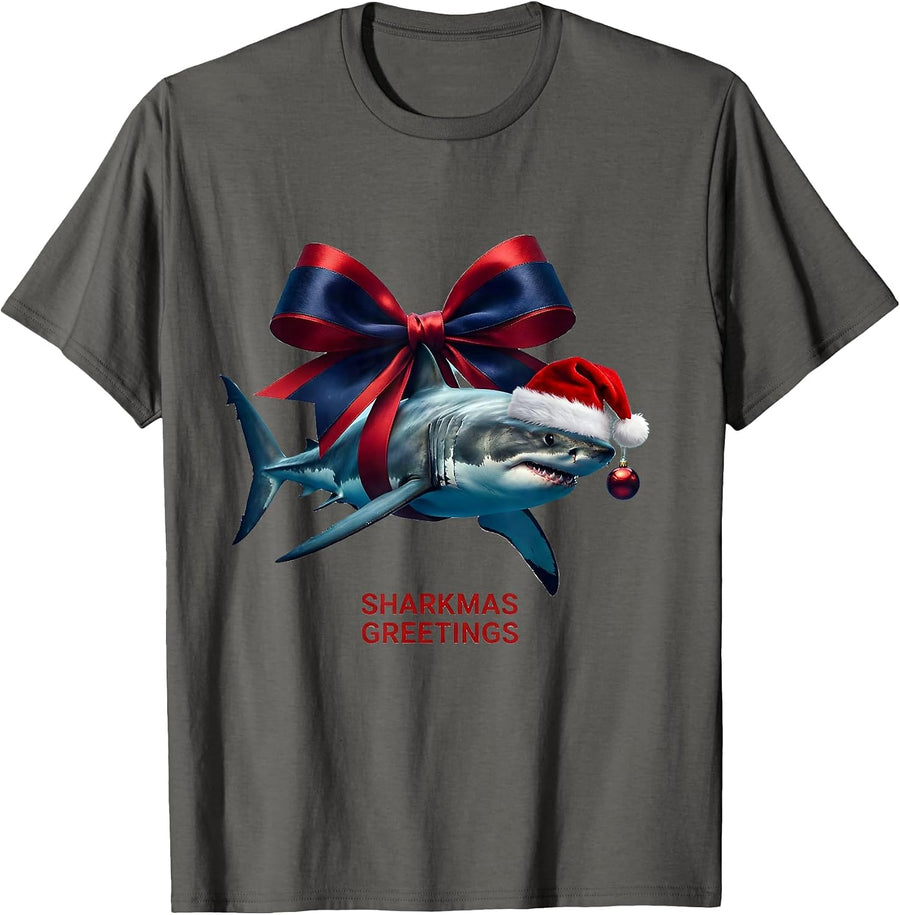 Sharkmas Greetings Funny Shark Santa Hat Christmas Lights T-Shirt - Asphalt Grey
