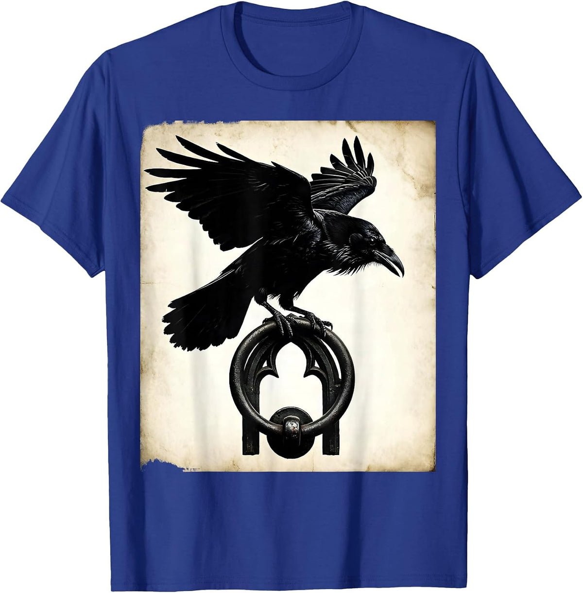 Men's Raven on Door Knocker Gothic Dark Art Illustration T-Shirt - Royal Blue