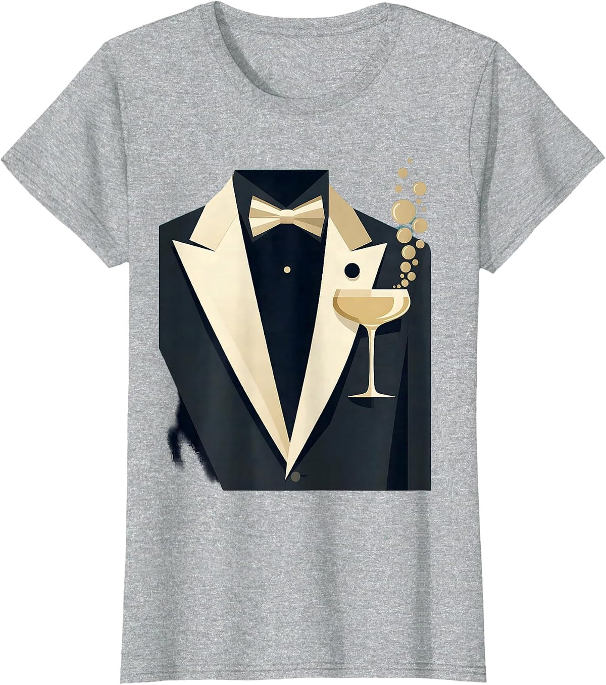 Women's Tuxedo Lapel Champagne Glass Graphic Tee T-Shirt - Heather Grey