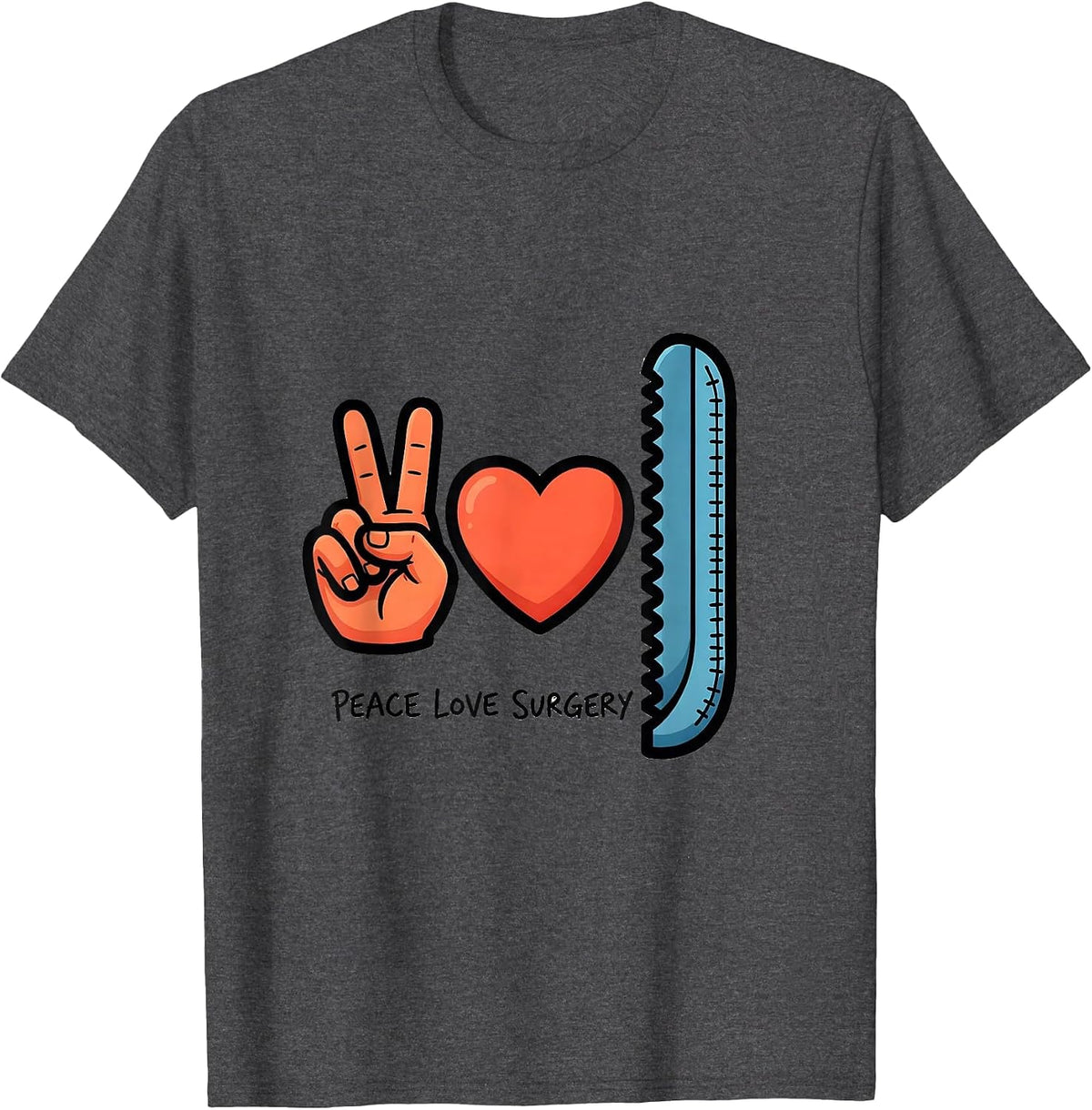 Peace Love Surgery Cartoon Surgical Tech Surgeon Gift T-Shirt - Dark Heather Grey