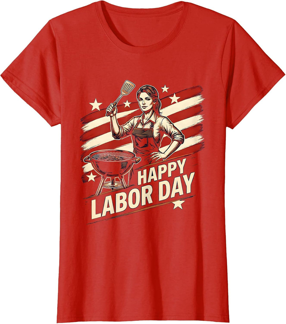 Happy Labor Day Patriotic Woman Work Apron BBQ Illustration T-Shirt - Red