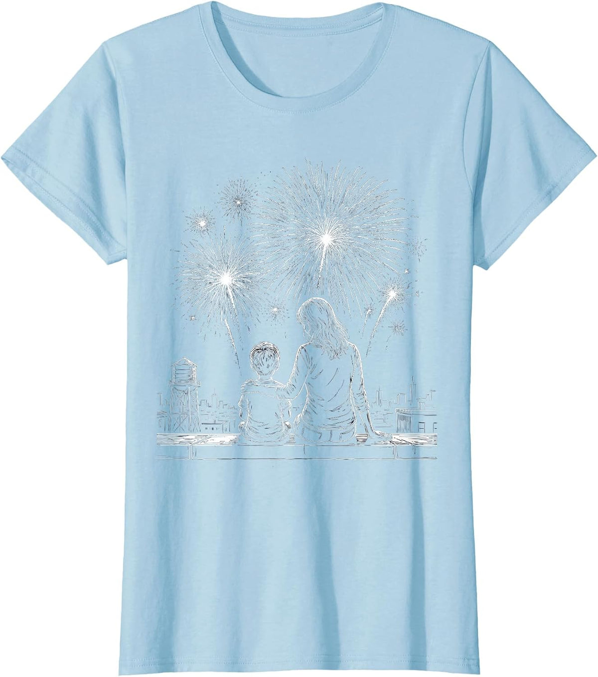 Boy Mama Rooftop Fireworks Mother Son Design T-Shirt - Baby Blue