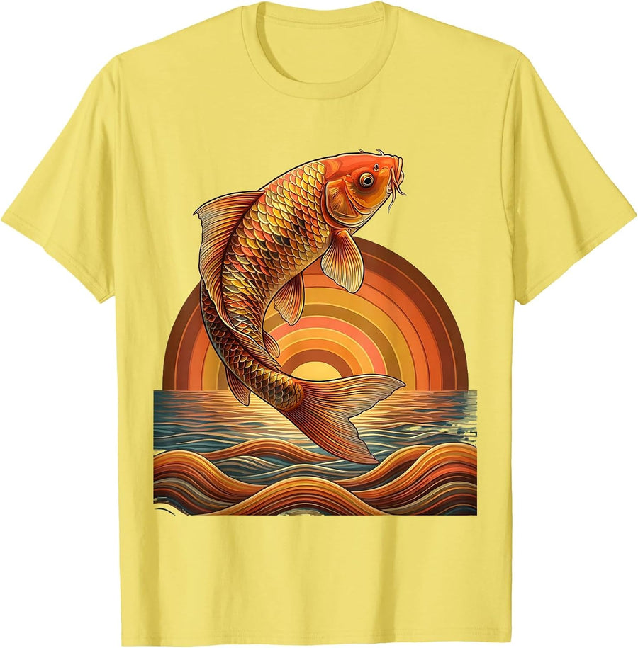 Rainbow Koi Fish Leaping From Water Illustration T-Shirt, Men, Lemon Yellow, X-Large - As Pictured
