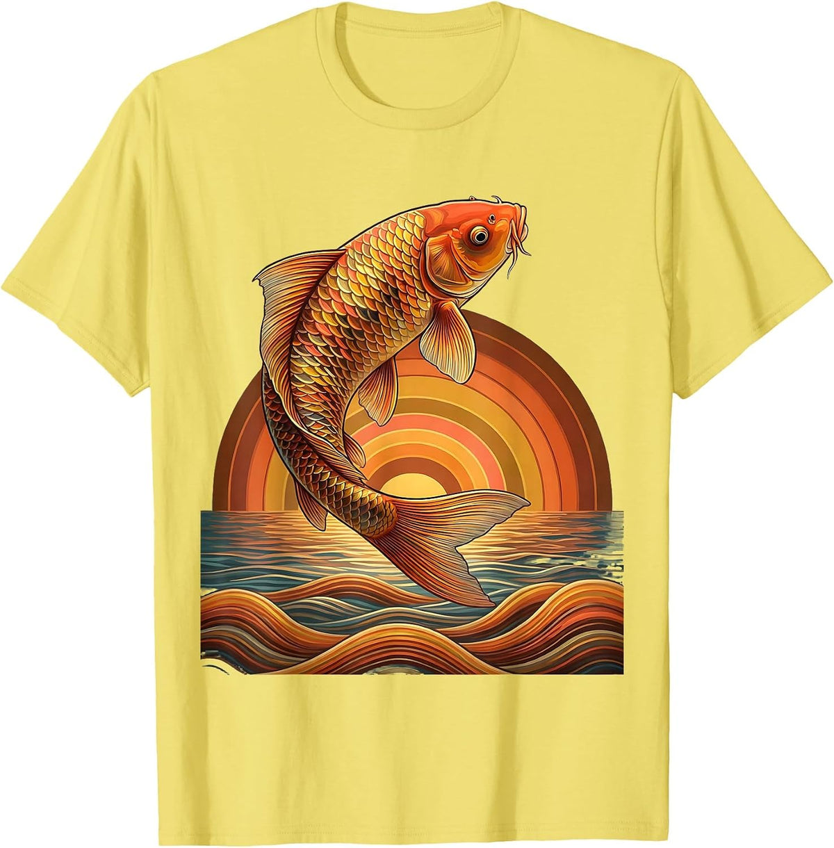 Rainbow Koi Fish Leaping From Water Illustration T-Shirt, Men, Lemon Yellow, Medium - As Pictured