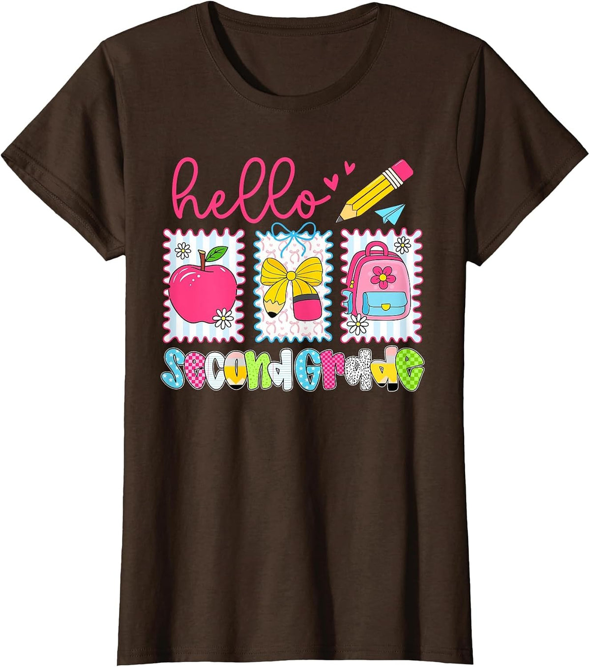 Preppy Hello Second Grade Team Back to School Teachers Kids T-Shirt, Women, Brown, Small - As Pictured