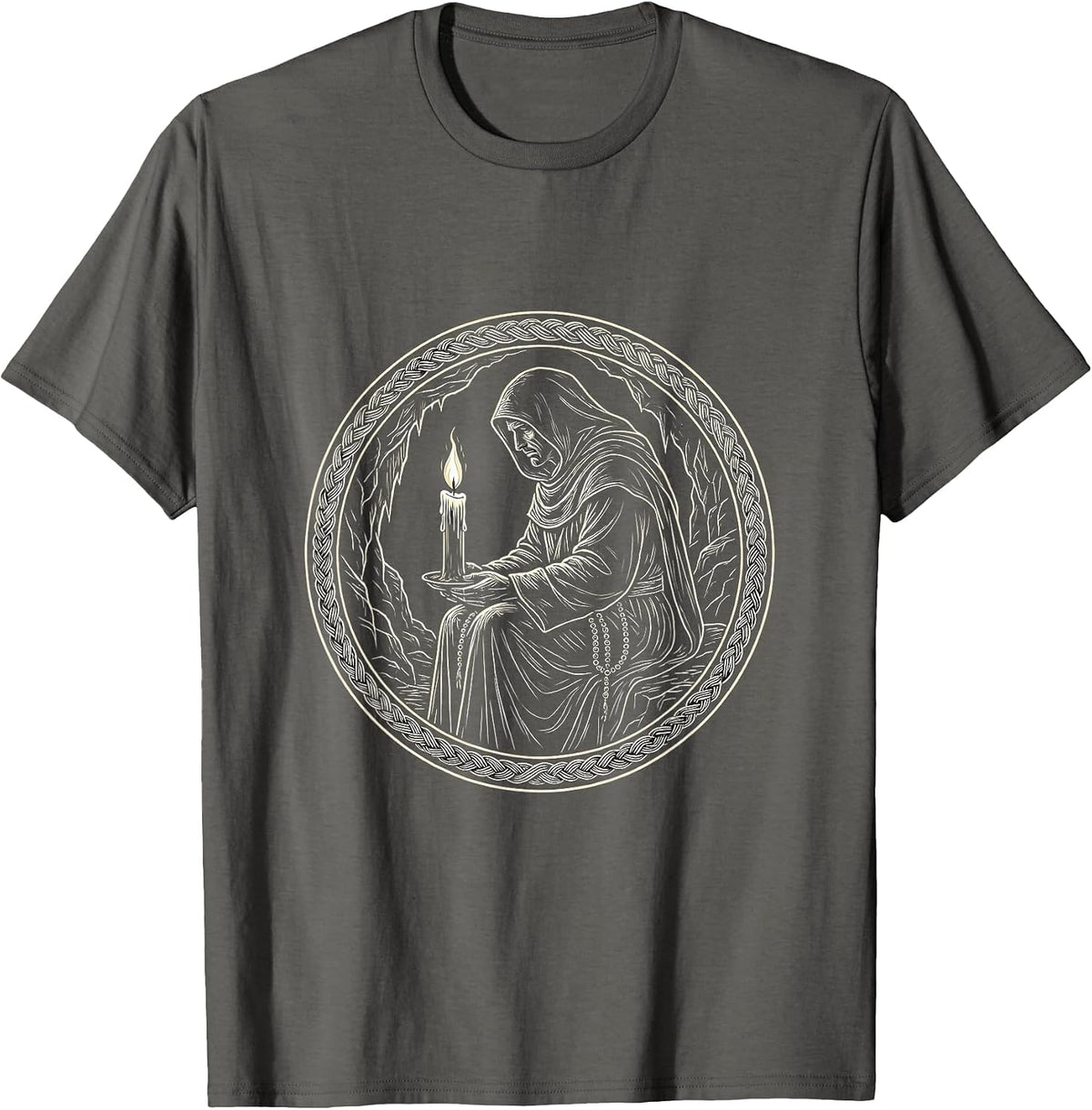 Hermit Monk Cave Candle Solitude Illustration T-Shirt - Asphalt Grey