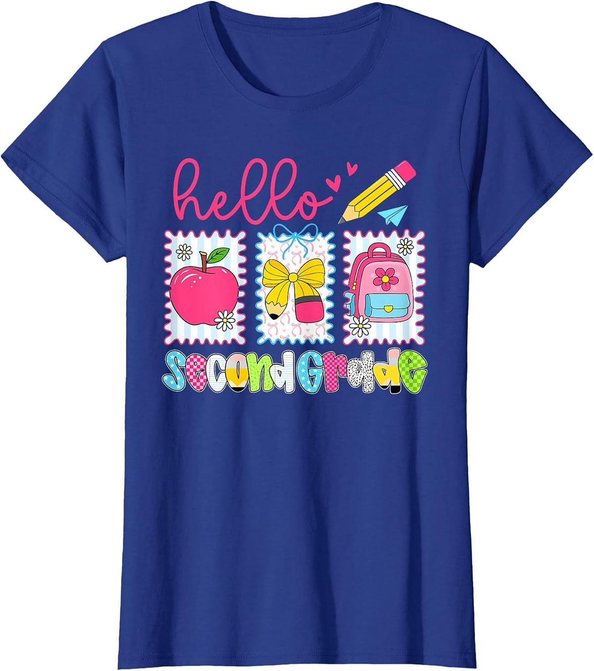 Preppy Hello Second Grade Team Back to School Teachers Kids T-Shirt, Women, Royal Blue, Medium - As Pictured