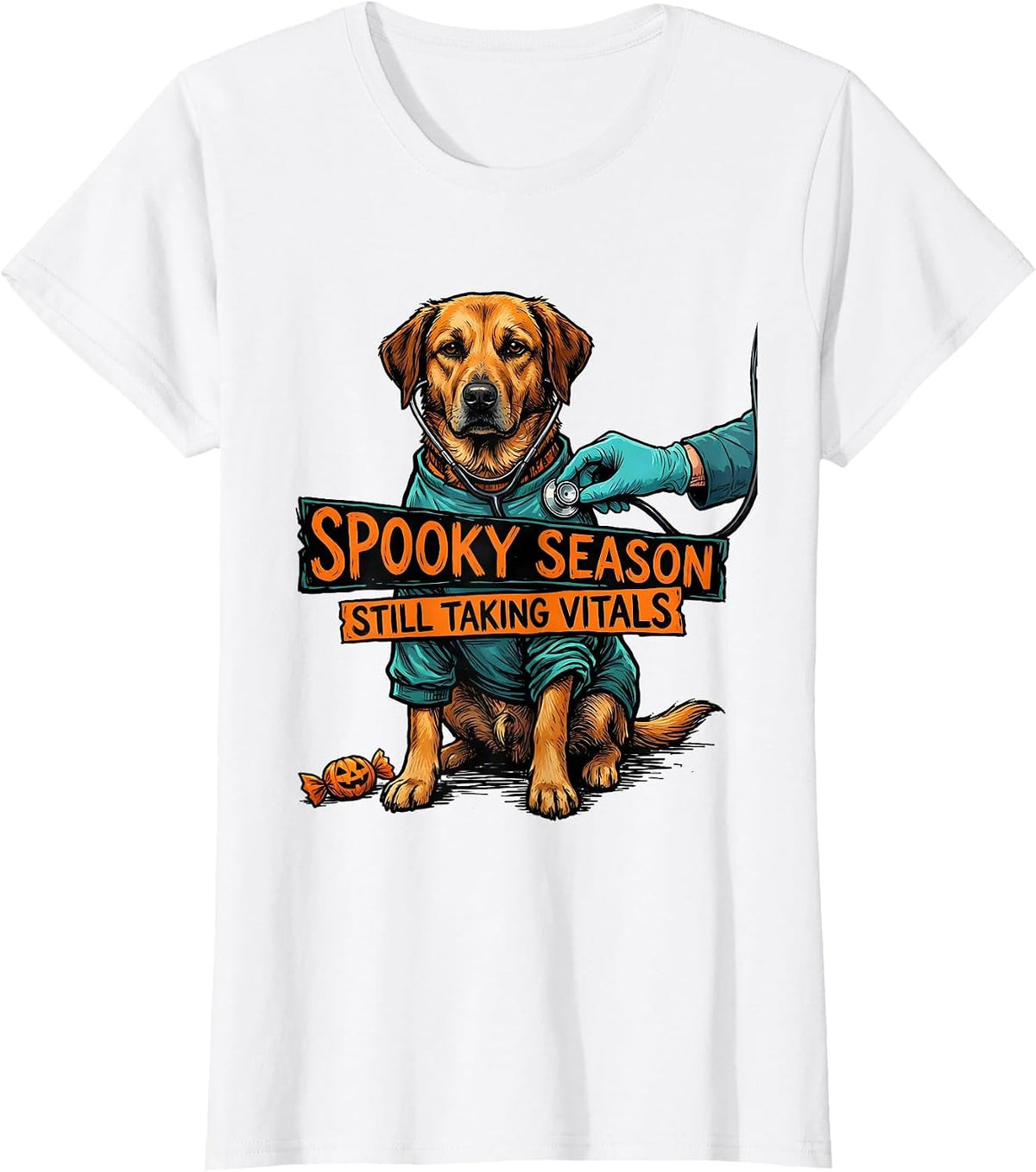 Women's Spooky Season, Still Taking Vitals Funny Vet Tech Veterinary T-Shirt - White