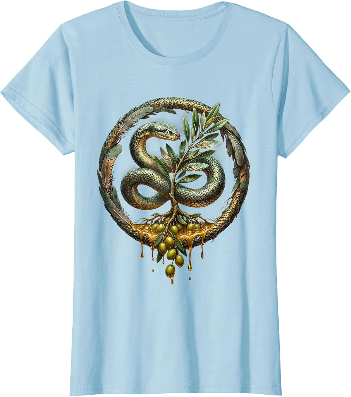 Women's Serpent and Olive Branch Illustration Design T-Shirt - Baby Blue