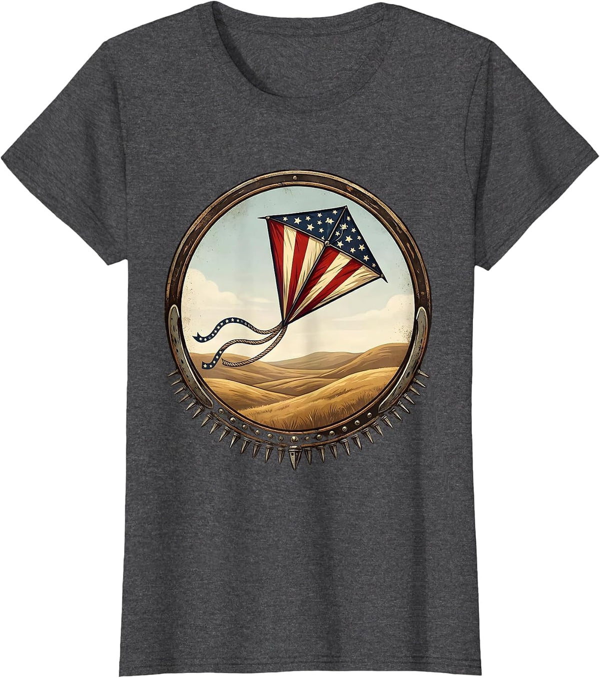 Women's Red White and Blue Kite Soaring Over Hills T-Shirt - Dark Heather Grey