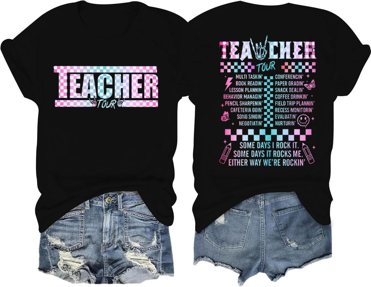 Teacher Shirts for Women Back to School Teaching Life Tee Tops - Black
