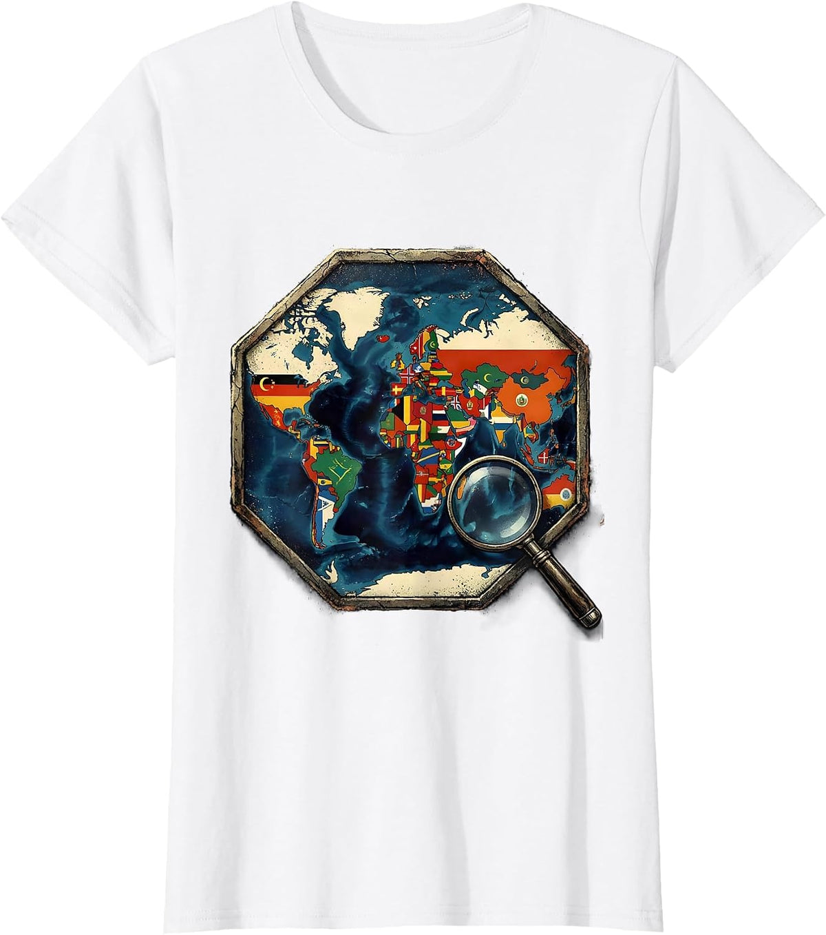 Women's World Flags Map Geography Enthusiast Distressed Travel Lover T-Shirt - White