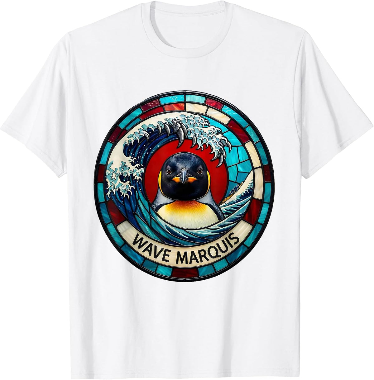 Men's Penguin, Wave Marquis Stained Glass Mosaic Animal Lover T-Shirt - White