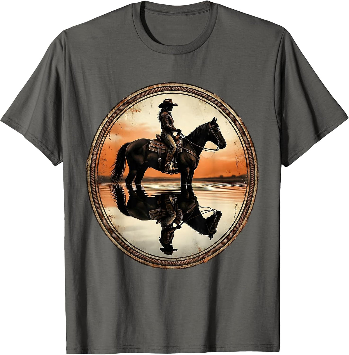 Rodeo Horse Reflection Still Pond Graphic T-Shirt - Asphalt Grey