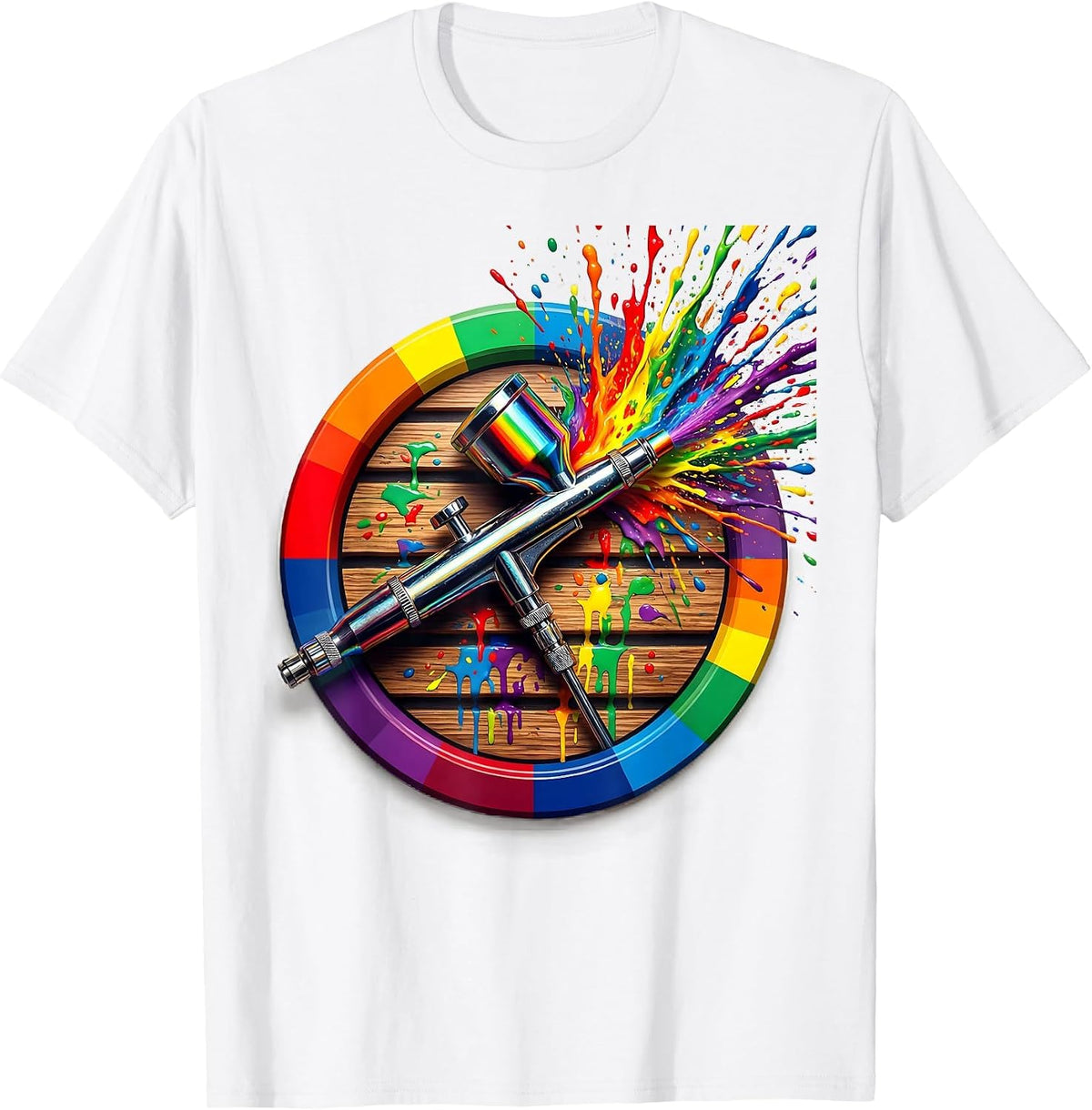 Airbrush Artist Lone Brush on Paint-Stained Workbench T-Shirt - White