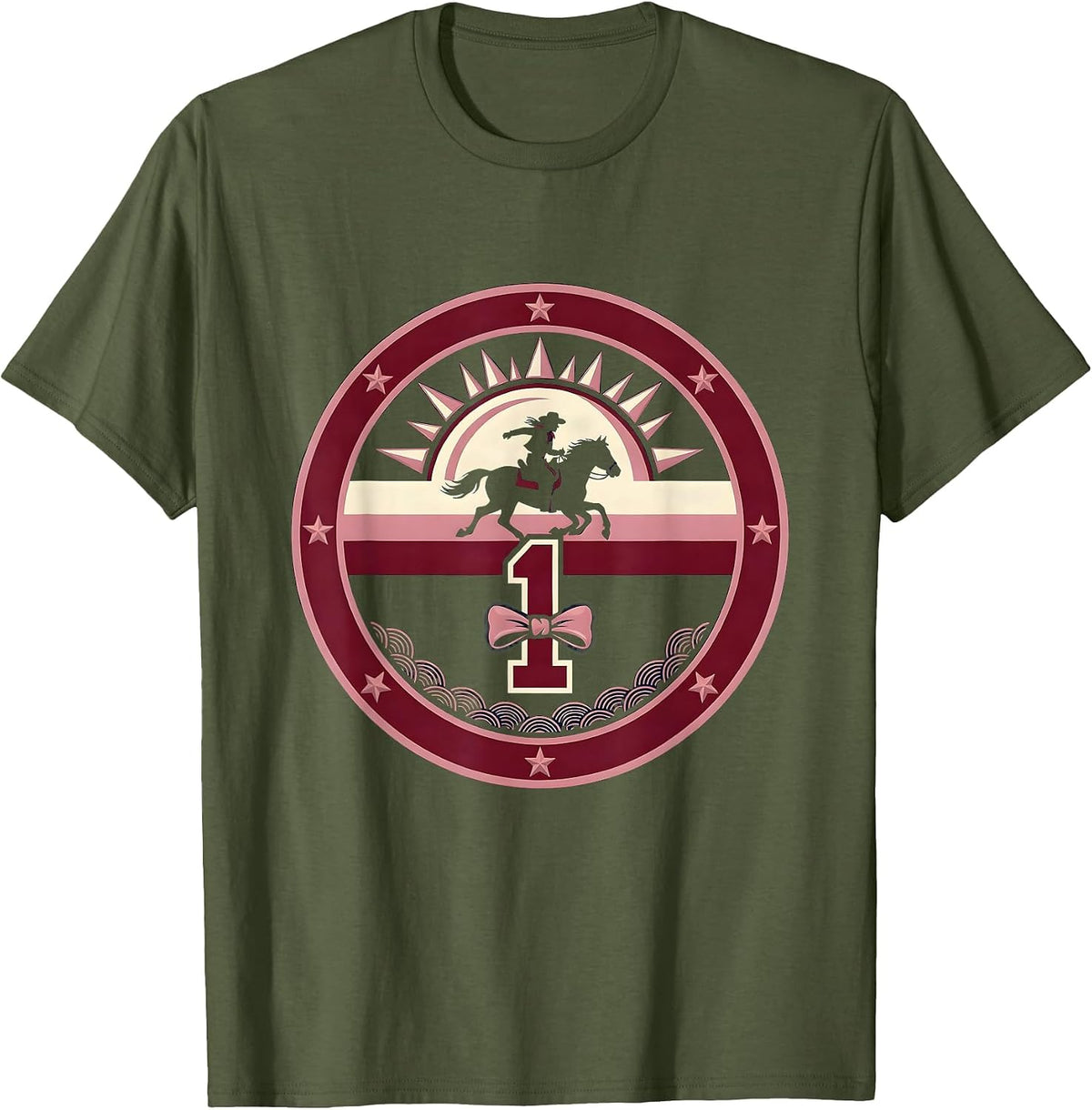 Cowgirl Silhouette Riding Into The Setting Sun T-Shirt - Olive Green