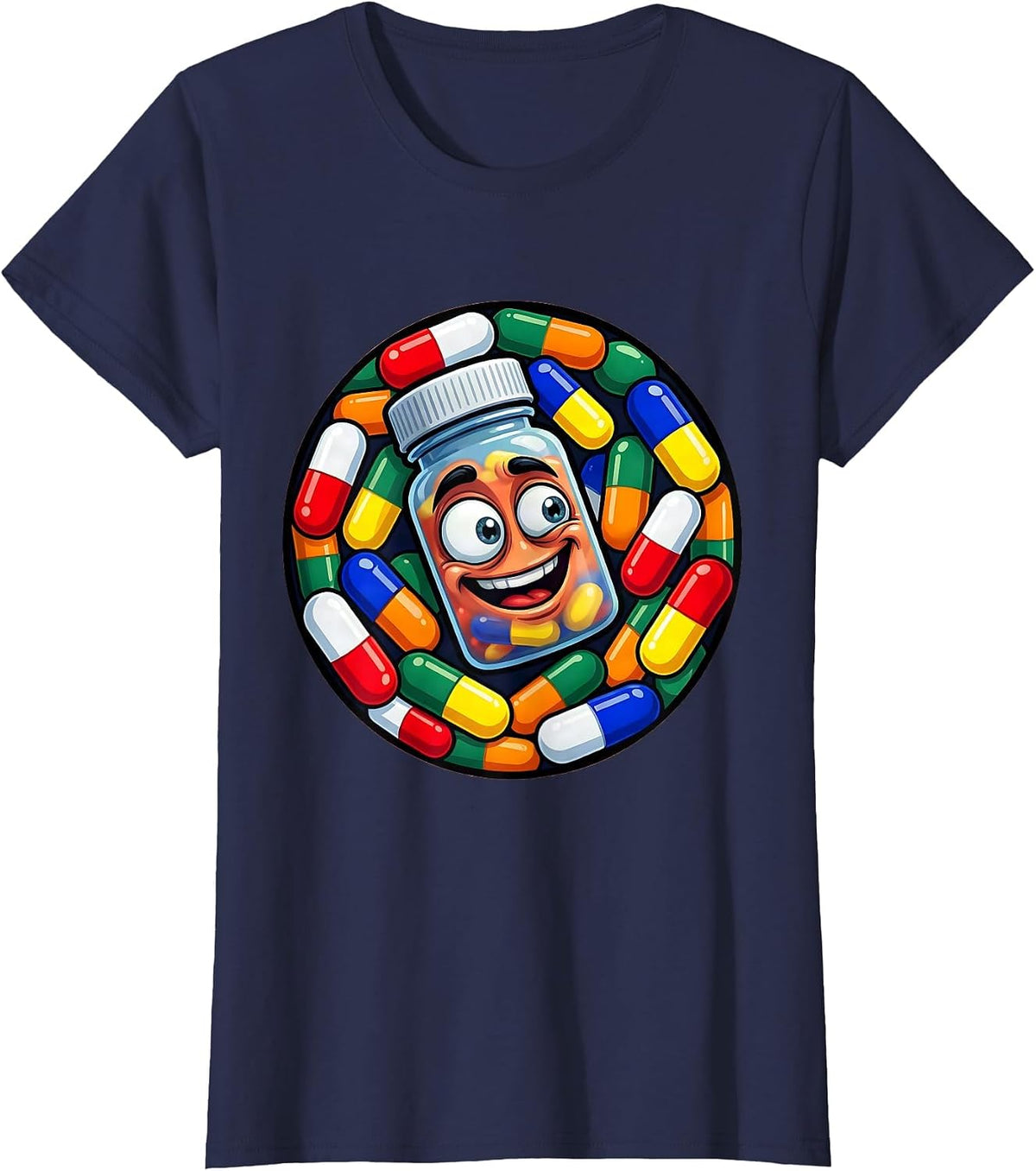 Women's School Nurse Pill Bottle Spilling Capsules Graphic T-Shirt - Navy Blue