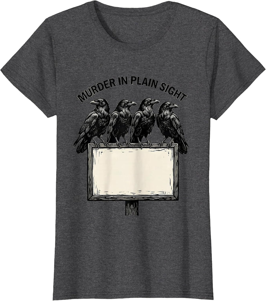 Women's Murder In Plain Sight Dark Humor Crow Raven Gothic Linocut T-Shirt - Dark Heather Grey