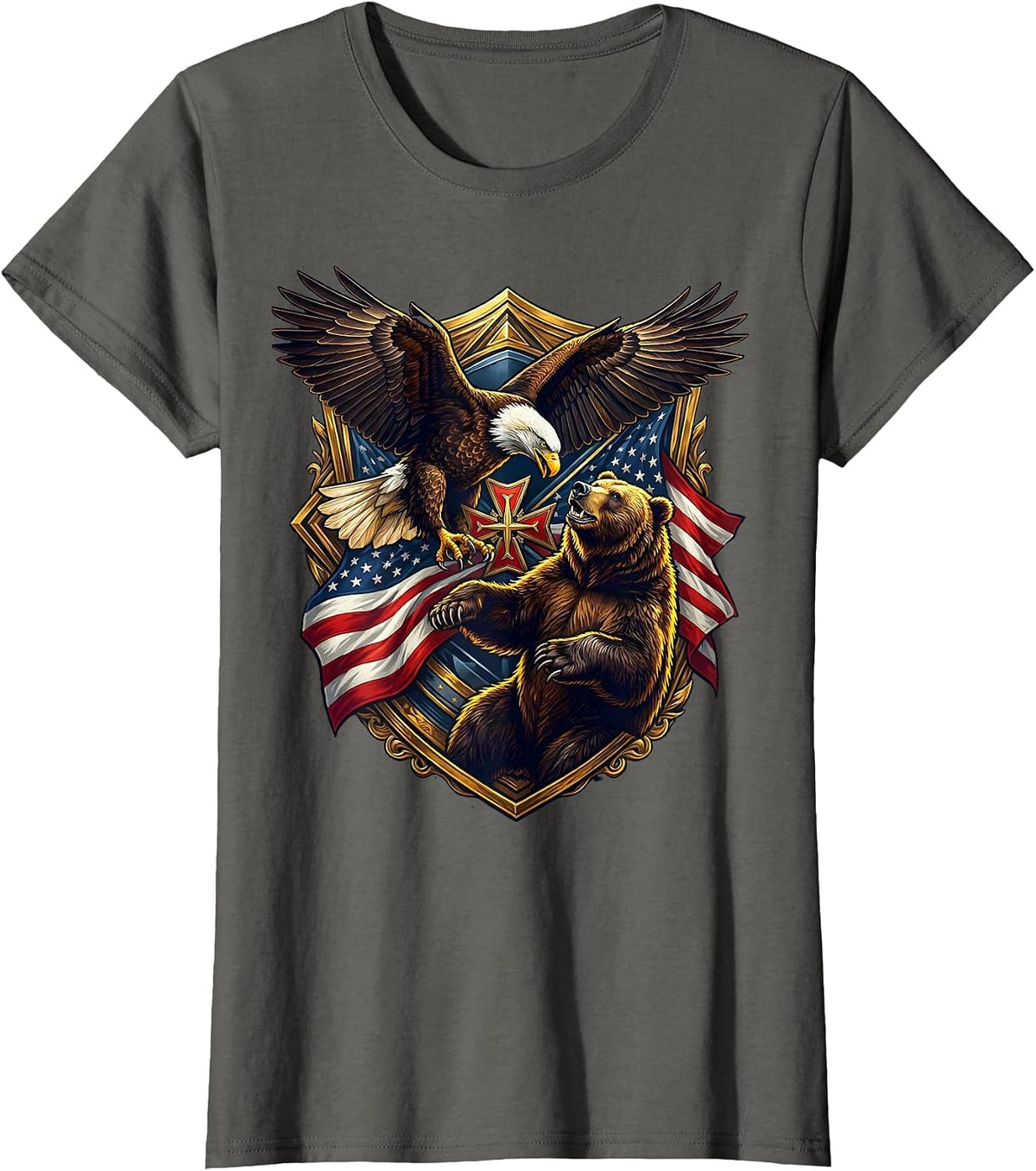 Women's Bald Eagle vs Bear American Wildlife Showdown T-Shirt - Asphalt Grey