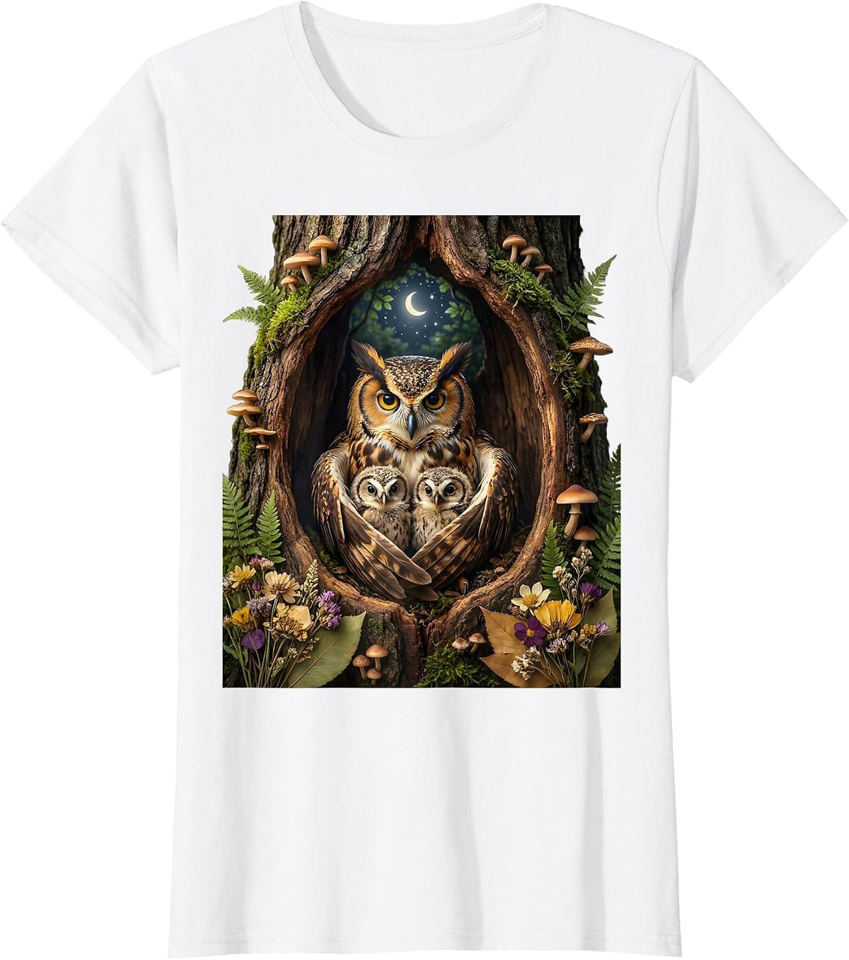 Mama Owl and Owlets in Hollow Tree Graphic T-Shirt - White