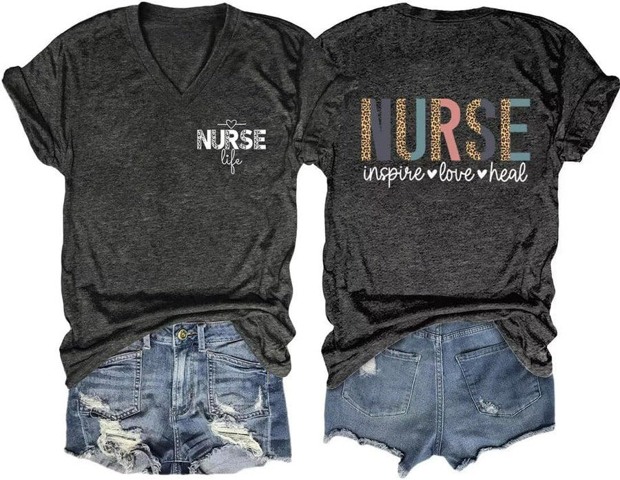 Womens Nurse V-Neck Shirts Nurse Inspire Love Heal V-Neck Nurse Shirt School Nursing Cute Nurse Tees - Z1-dark Grey