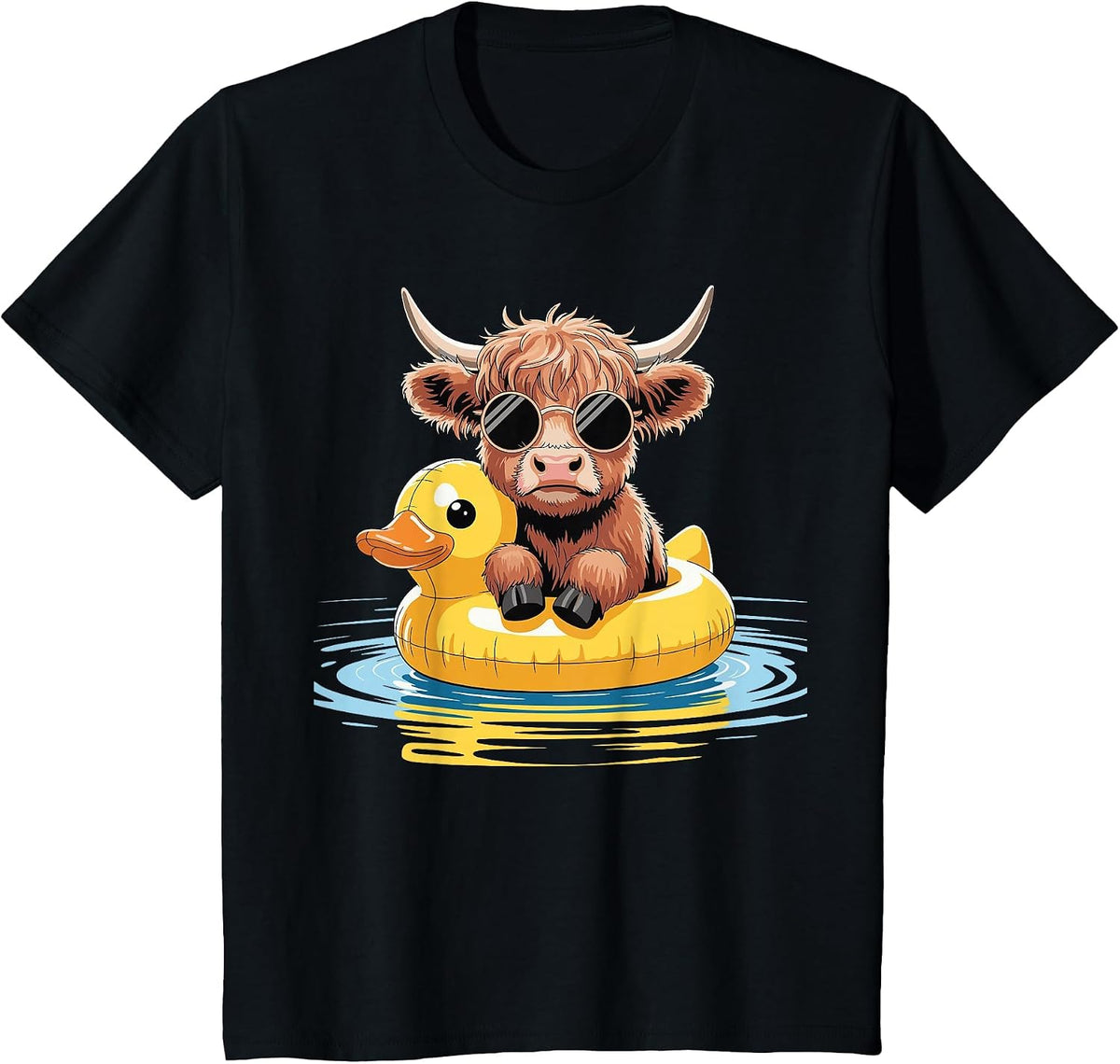 Highland Cow Duck Pool Float Summer Swimming T-Shirt - Black