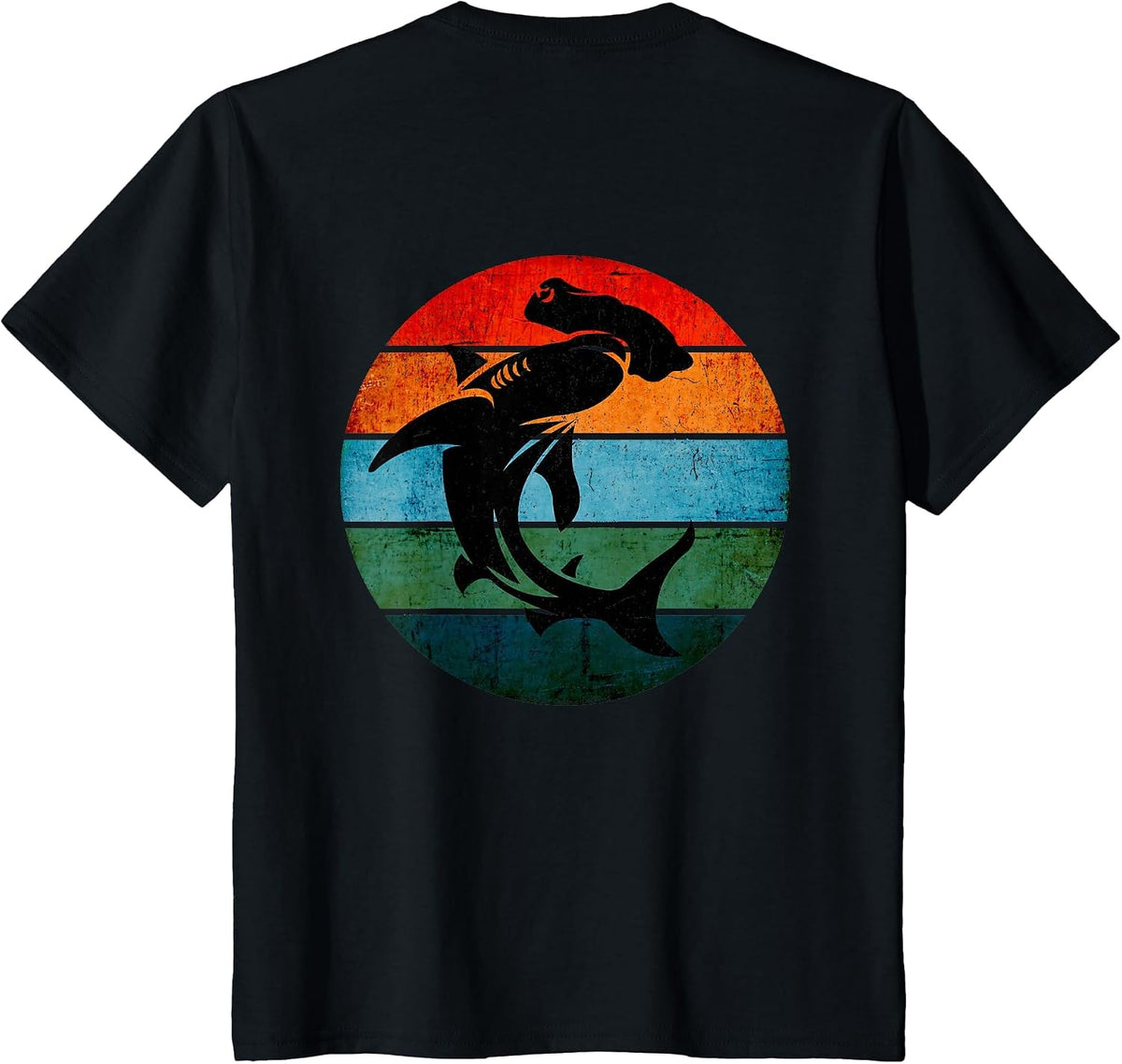 On Back. Cool Grunge Hammerhead Shark on Retro Sun Shark T-Shirt - Black