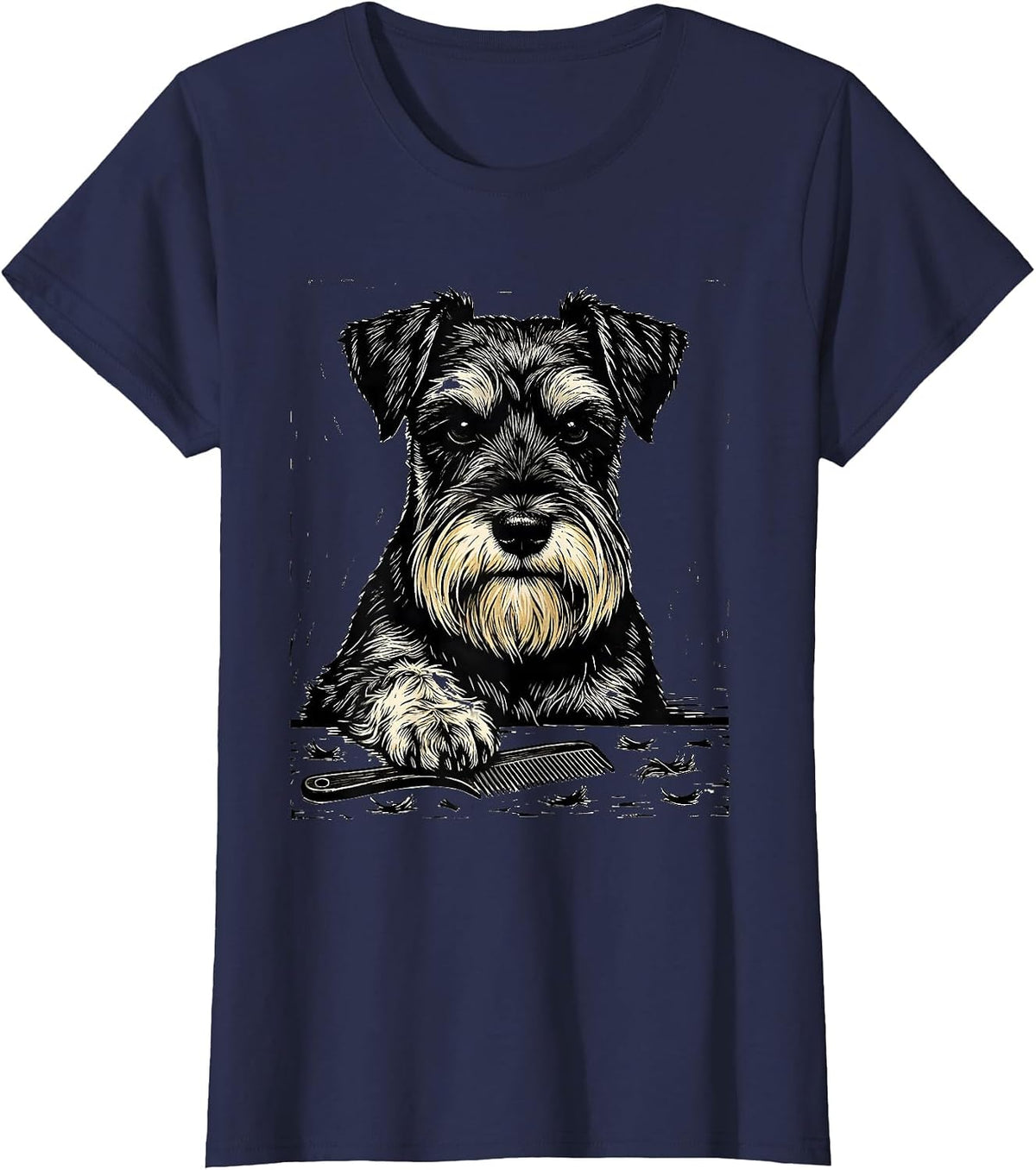 Women's Miniature Schnauzer Linocut Vintage Pet Lover Art T-Shirt - Navy Blue