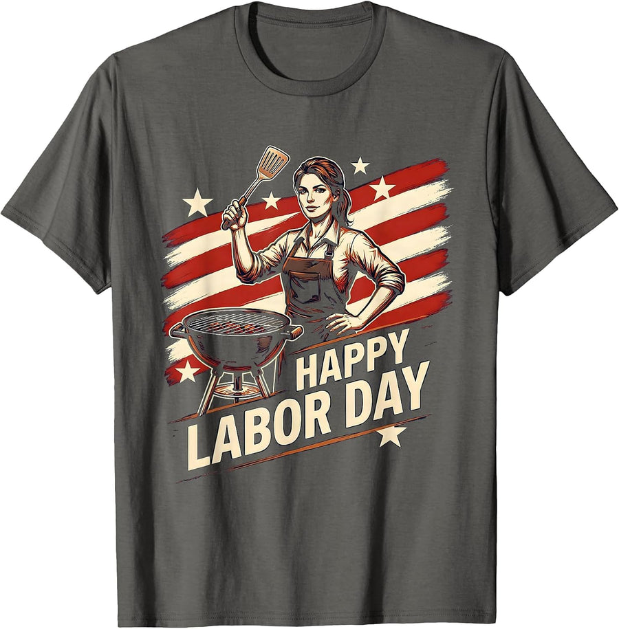 Happy Labor Day Patriotic Woman Work Apron BBQ Illustration T-Shirt - Asphalt Grey