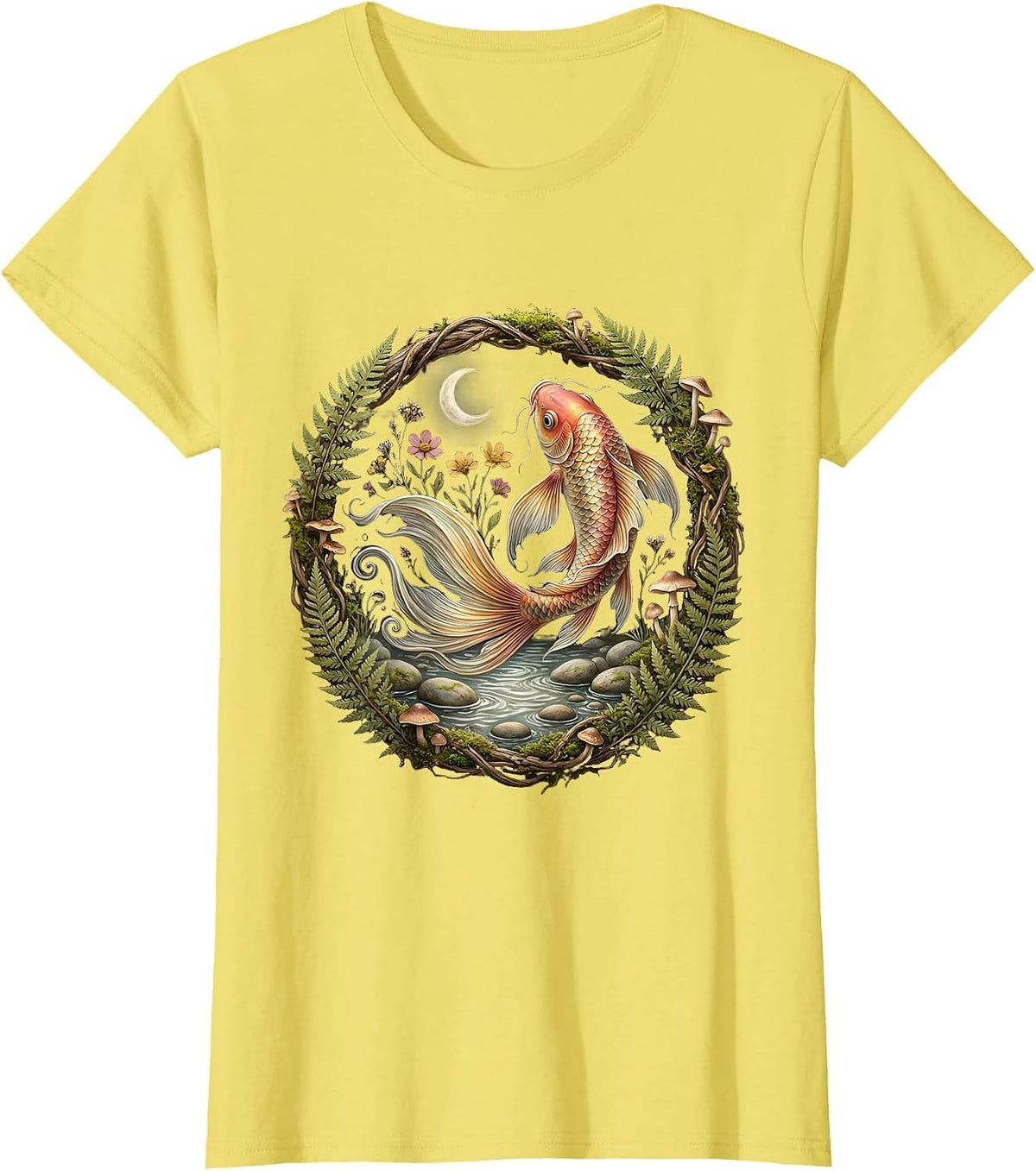 Koi Fish Leaping Waterfall Graphic T-Shirt - Lemon Yellow
