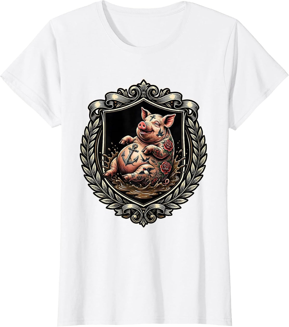 Tattooed Pig Rolling in Mud Funny Graphic T-Shirt - White
