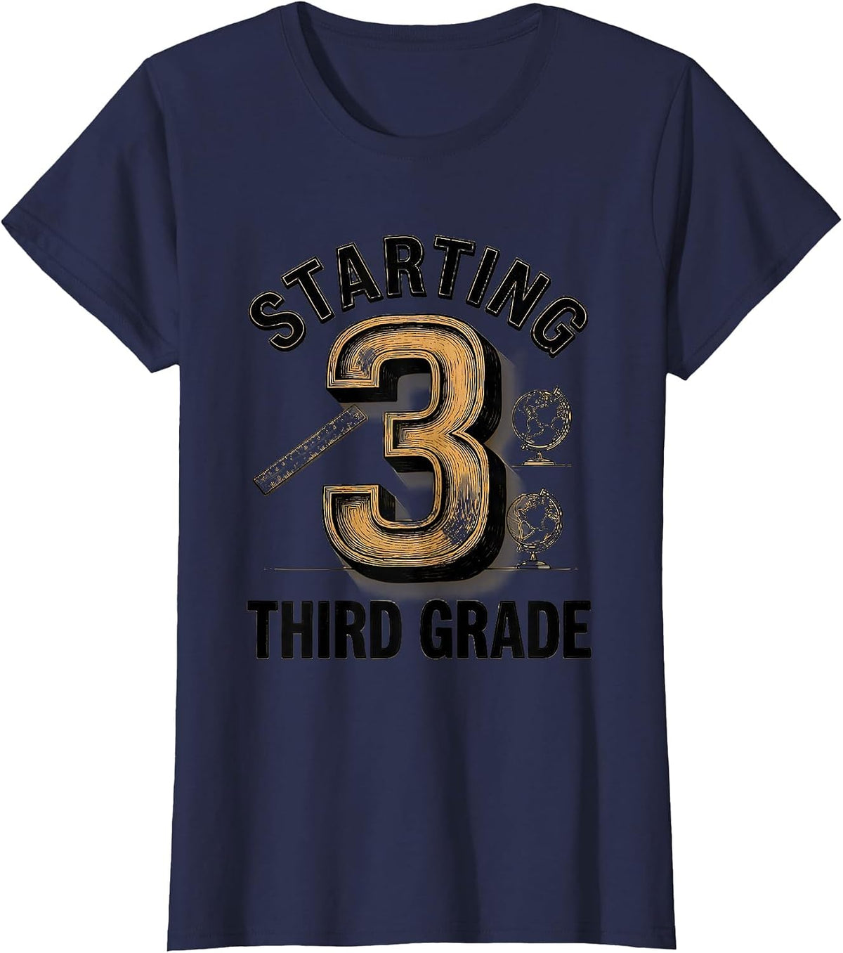 Women's Starting Third Grade Wood Type Letterpress Back To School T-Shirt - Navy Blue