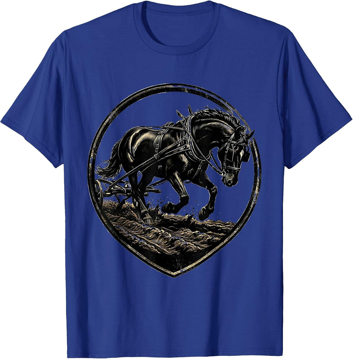 Draft Horse Pulling Plow Through Mud Illustration T-Shirt - Royal Blue
