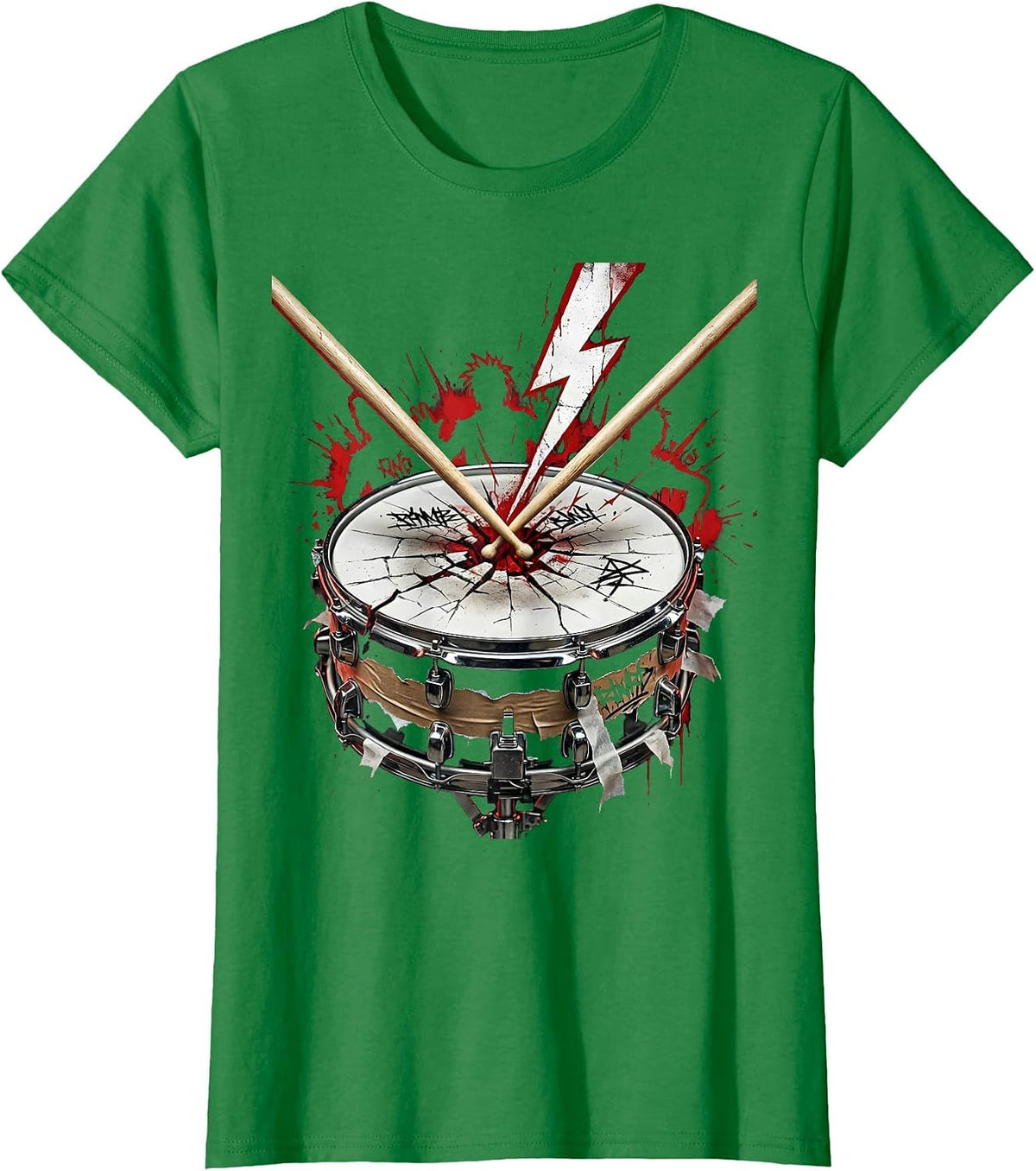 Crossed Drumsticks Cracked Snare Drum Band Graphic T-Shirt - Kelly Green