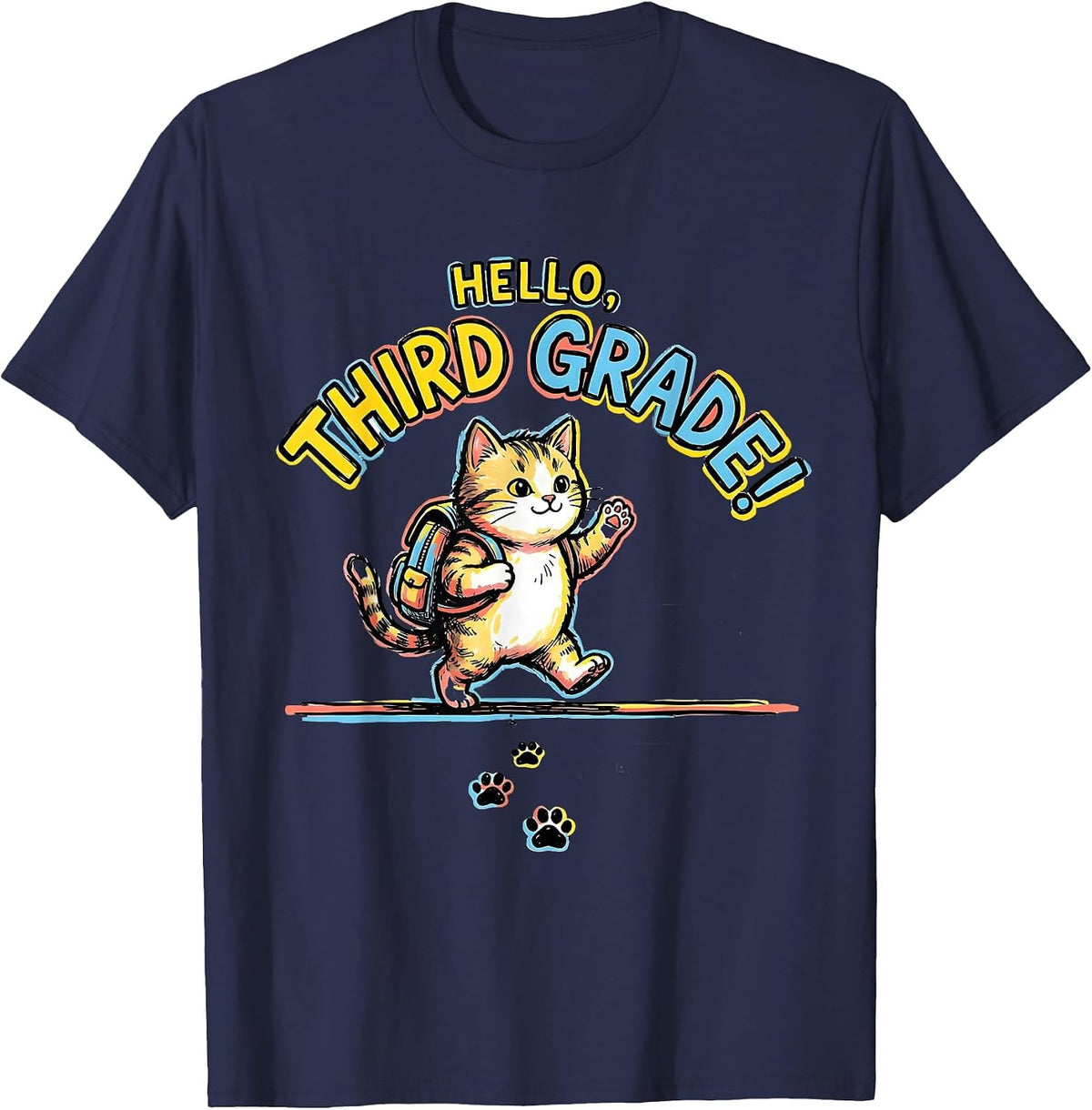 Hello, Third Grade! Cute Kitten Girls Back to School T-Shirt - Navy Blue