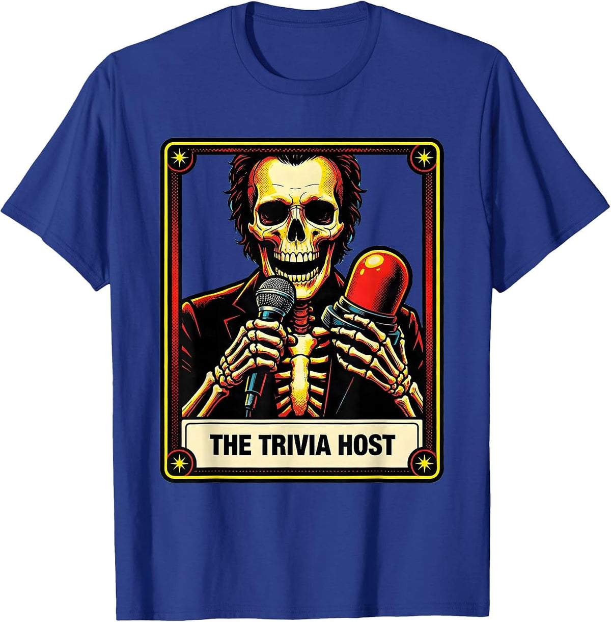 Men's The Trivia Host Pop Art Tarot Card Skeleton Role Humor T-Shirt - Royal Blue