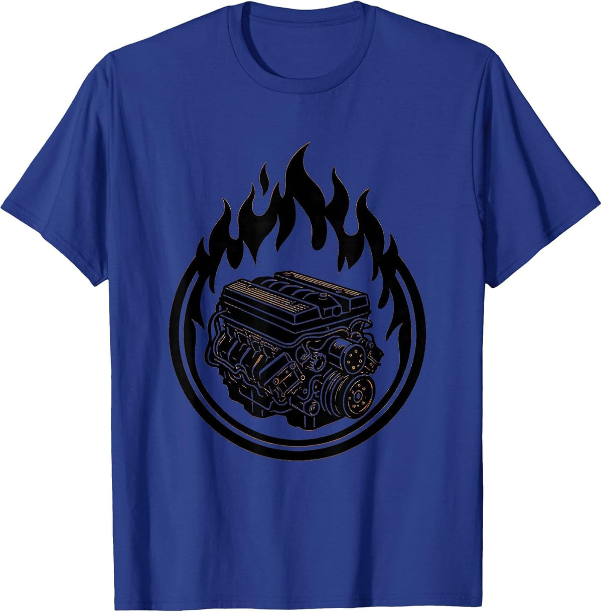 Engine Block Flames Mechanic Graphic Tee T-Shirt - Royal Blue