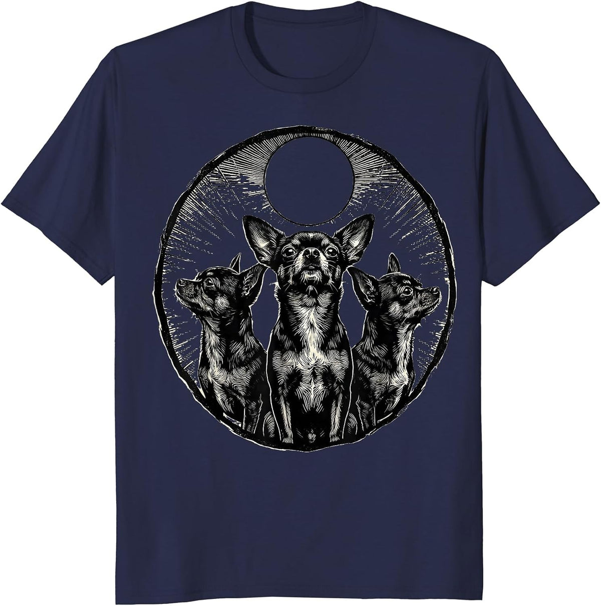 Men's Three Chihuahuas Howl At Moon Funny Wolf Parody T-Shirt - Navy Blue