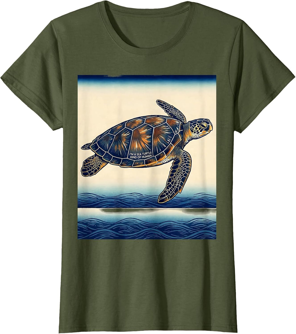 Women's I'm A Sea Turtle Kind Of Human Ukiyo-e Ocean Animal Lover T-Shirt - Olive Green