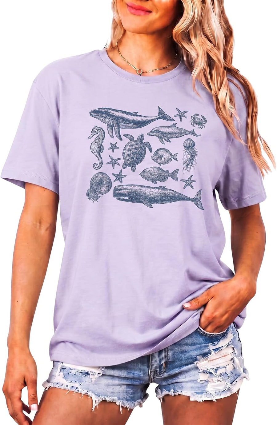 Sea Animals Tee Shirt, 90s Vintage Ocean Life Comfort Colors Tshirt - Orchid