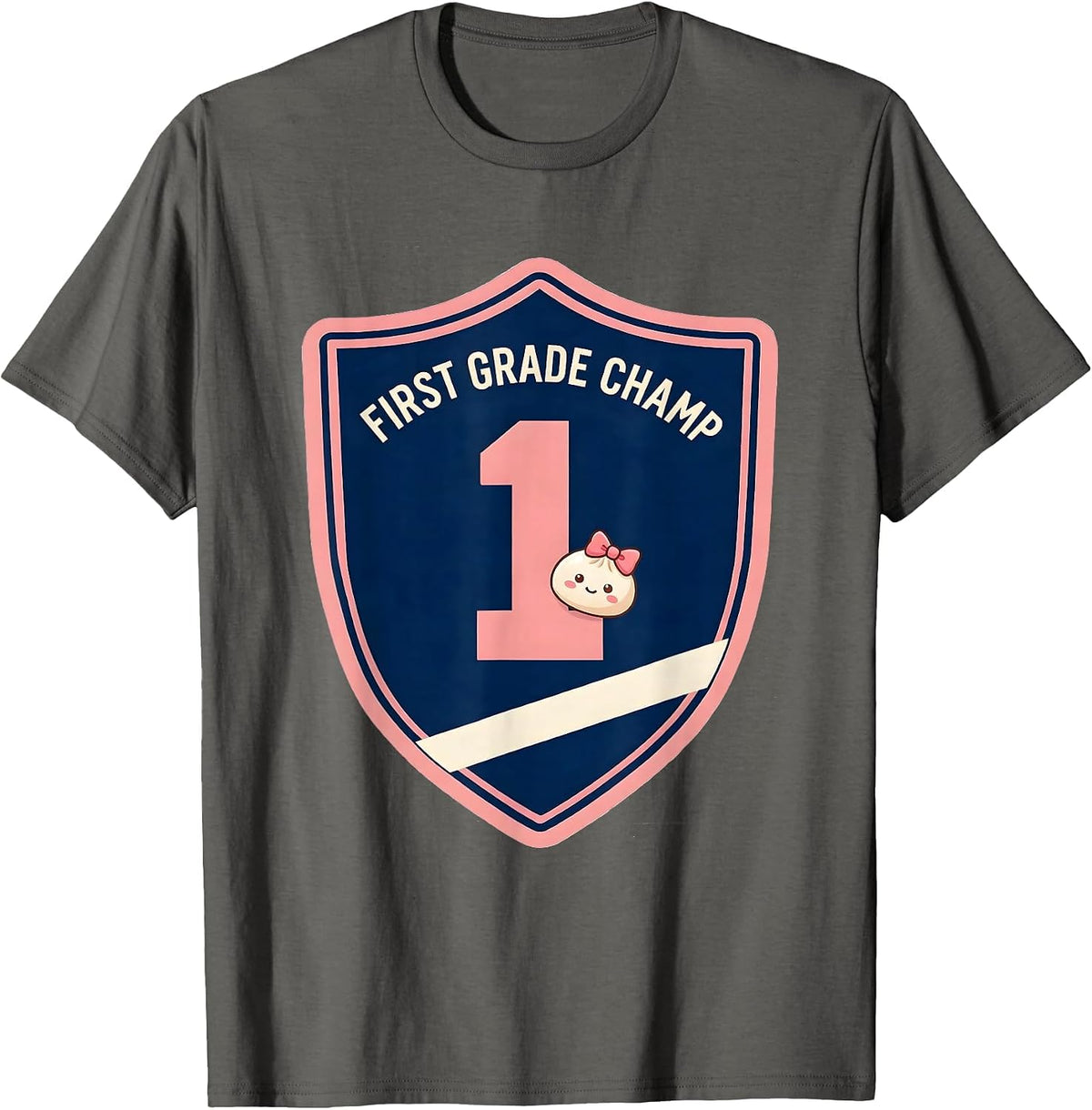 First Grade Champ Cute Dumpling Back to School Girl Teacher T-Shirt - Asphalt Grey