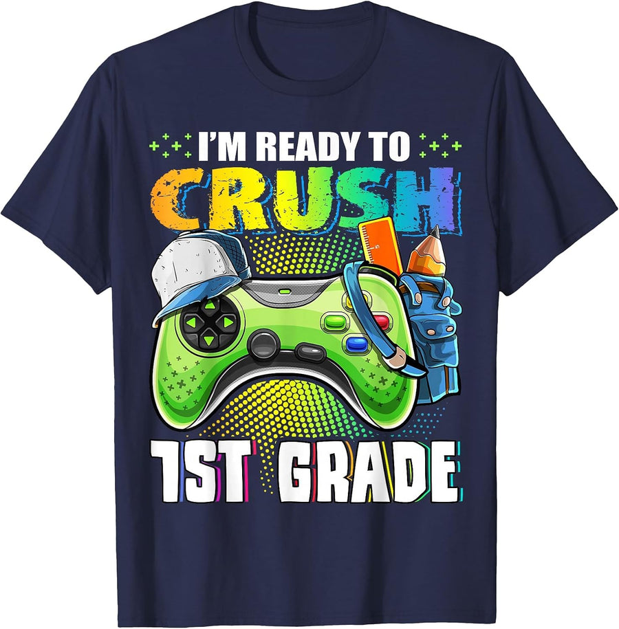 I'm Ready to Crush 1st Grade Back to School Video Game Boys T-Shirt - Navy Blue