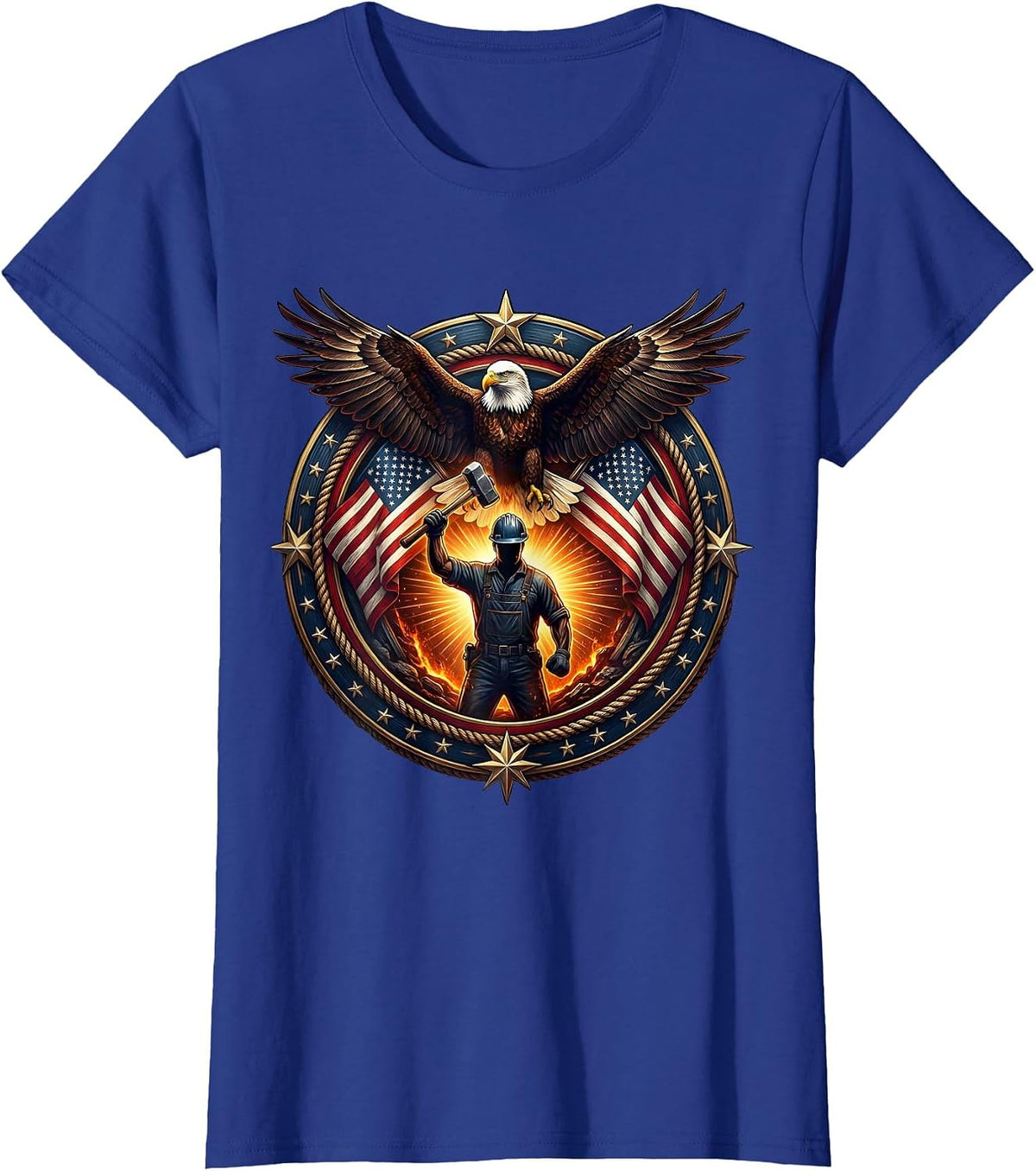 Women's Steel Worker Silhouette Molten Glow Patriotic Design T-Shirt - Royal Blue
