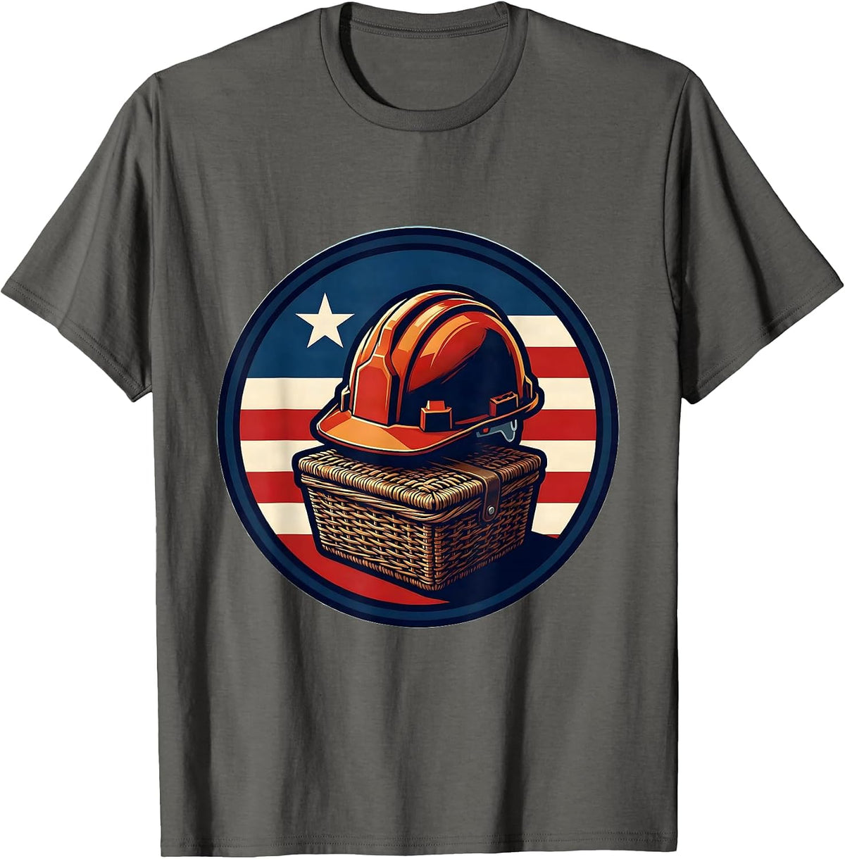 Men's Sealed Badge Hard Hat Picnic Basket Patriotic Labor Day T-Shirt - Asphalt Grey