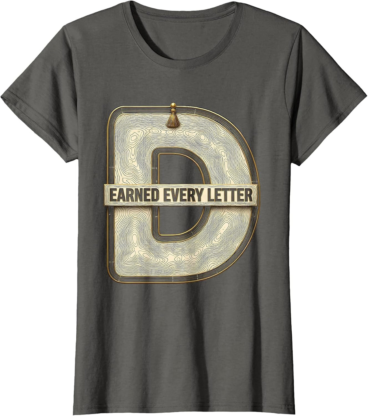 Women's Earned Every Letter Topographic Contour PhD Graduation Black T-Shirt - Asphalt Grey